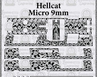 Hellcat Micro Scroll Design SVG. Hellcat 9 mm Gravurdesign SVG. Hellcat 9 mm Gravurmuster. Hellcat Umriss/Vorlage SVG. Jungfrau Maria.