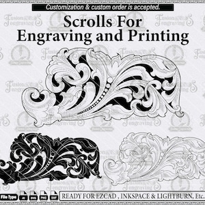 Op de afbeelding: Een digitale afbeelding met drie variaties van een sierlijk krulontwerp. De tekst luidt: Customization & custom order is accepted. Scrolls For Engraving and Printing. File Type AI SVG PNG DXF READY FOR EZCAD, INKSPACE & LIGHTBURN, Etc.