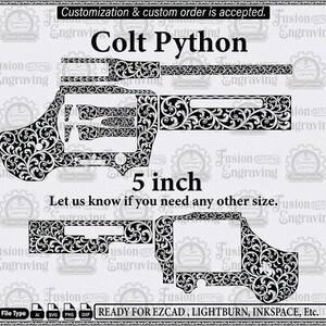 Puede incluir: Un archivo vectorial digital en blanco y negro para un revólver Colt Python con intrincados patrones de grabado floral. La imagen incluye el texto Colt Python, 5 inch e iconos de formato de archivo para AI, SVG, PNG y DXF para grabado láser.