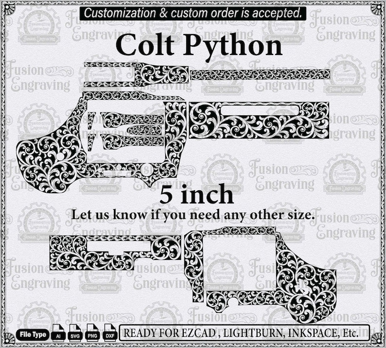 Puede incluir: Un archivo vectorial digital en blanco y negro para un rev&oacute;lver Colt Python con intrincados patrones de grabado floral. La imagen incluye el texto Colt Python, 5 inch e iconos de formato de archivo para AI, SVG, PNG y DXF para grabado l&aacute;ser.