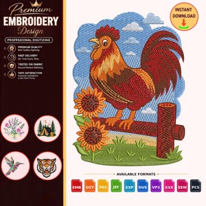 May include: An embroidery design featuring a rooster standing on a wooden fence post with two sunflowers in the foreground. The background shows a blue sky with white clouds. The image includes text labels like Premium Embroidery Design.