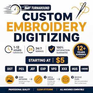 Custom Embroidery Digitizing | Logo to (dst, pes, jef, exp) (1-12 Hour Turnaround)