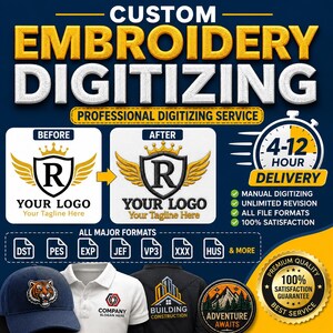 Könnte beinhalten: Eine digitale Grafik für einen Stickerei-Digitalisierungsservice mit dem Text CUSTOM EMBROIDERY DIGITIZING, einem Vorher-Nachher-Logo-Vergleich, einem 4-12-Stunden-Liefer-Symbol, Dateiformat-Icons und Beispielen für bestickte Kleidung.