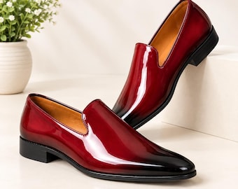 Men’s Burgundy Patent Leather Loafers – Handmade Formal Slip-On Dress Shoes