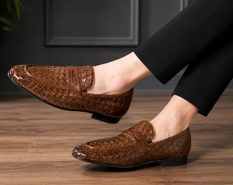 Brown Woven Leather Loafers – Handmade Casual Slip-On Shoes