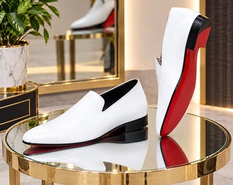 Mocassins en cuir blanc pour hommes, chaussures habillées à semelle rouge, chaussures formelles à enfiler faites à la main