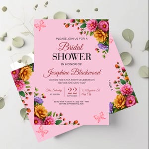 Printable bridal celebration card arranged with delicate white blossoms highlighting graceful floral borders and customized event information