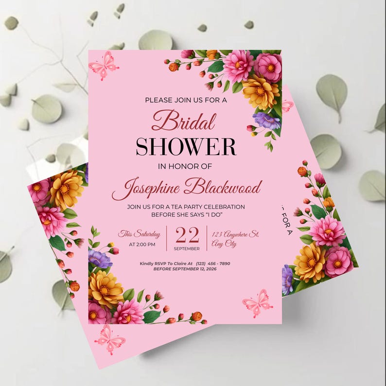 Printable bridal celebration card arranged with delicate white blossoms highlighting graceful floral borders and customized event information