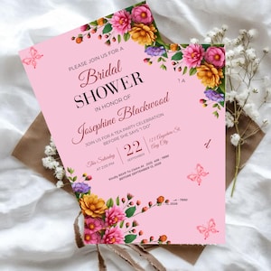 Editable floral bridal shower announcement designed with pastel pink tones, colorful blossom accents and customizable wedding event invitation for the bride to be