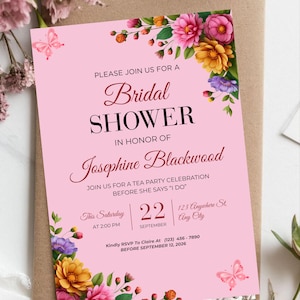 Personalized bridal party invitation featuring cheerful watercolor flowers, elegant script typography and professionally designed printable layout