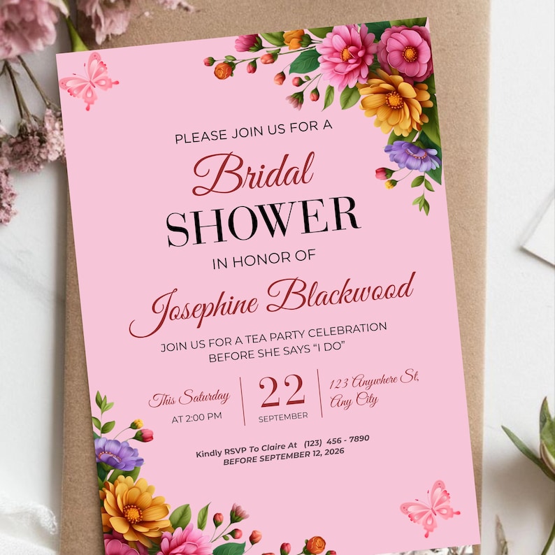Personalized bridal party invitation featuring cheerful watercolor flowers, elegant script typography and professionally designed printable layout