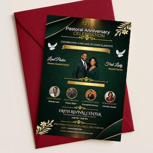 Flyer för pastoral jubileum, redigerbar Canva-mall | Inbjudan till kyrkoevenemang i Emerald Gold (Canva)