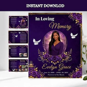Funeral Program Template, purple  Editable Canva Memorial Booklet, Celebration of Life Program, 8 Page Obituary Template, Instant Download