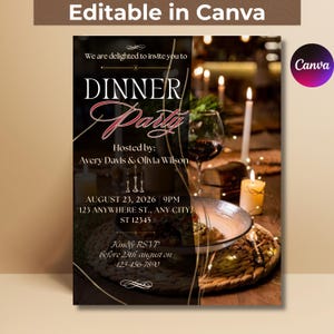 Puede incluir: Una plantilla de invitación para una cena con el texto "We are delighted to invite you to DINNER Party", "Hosted by: Avery Davis & Olivia Wilson", "AUGUST 23, 2026", "123 ANYWHERE ST., ANY CITY, ST 12345" y "Kindly RSVP before 23th august on 123-456-7890".
