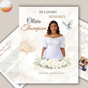 May include: A funeral programme template featuring the text IN LOVING MEMOREY, Olivia Thompson, and the dates May 15, 1985 – September 20, 2024. The design includes a central photograph of a person in a white top, a white dove, and white floral accents.