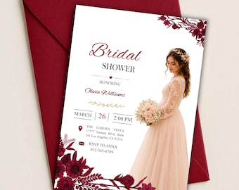 Burgundy Floral Bridal Shower Invitation Template, Editable Canva Wedding Invite (Instant Download)