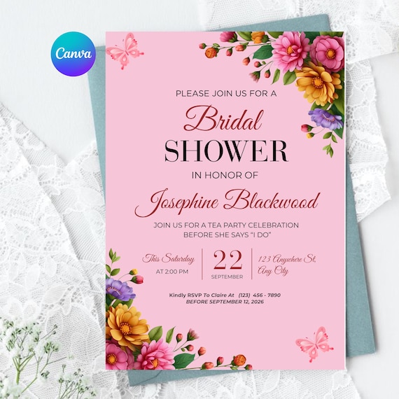 Pink Floral Bridal Shower Invitation | Editable Canva Tea Party Template (Digital Download)