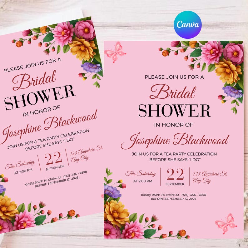 Matching bridal shower invitation set showcasing coordinated front and back designs with colorful blooming flowers and soft blush background