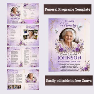 Może przedstawiać: Szablon programu pogrzebowego z fioletowym tłem akwarelowym, kwiatowymi akcentami, białymi gołębiami i portretem starszej osoby. Tekst zawiera In Loving Memory, Sarah Elizabeth Johnson oraz szczegóły dotyczące nabożeństwa żałobnego.