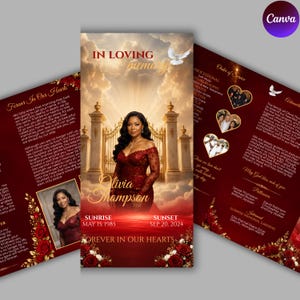 May include: A funeral programme template featuring a deep red colour scheme with gold accents. The front panel displays a woman in a red lace dress standing before golden gates under a cloudy sky, with text reading In Loving Memory, Olivia Thompson.