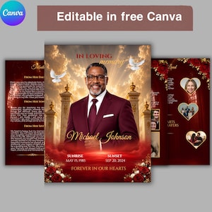 Burgundy Floral Funeral Program Template, Memorial Booklet (Digital Download) In Loving Memory, Bi-Fold Template