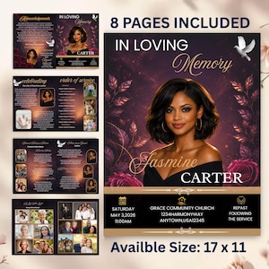 May include: An 8-page funeral program template featuring a dark purple background with gold text, rose illustrations, and a white dove. The cover displays a portrait of Jasmine Carter, with event details for May 3, 2026, at 11:00 AM in 17 x 11 inches.