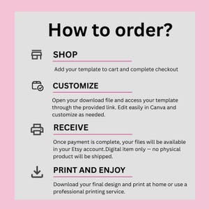 May include: An instructional graphic titled How to order? with four steps: SHOP, add your template to cart and complete checkout; CUSTOMIZE, open your download file and edit in Canva; RECEIVE, access files in your Etsy account; PRINT AND ENJOY.