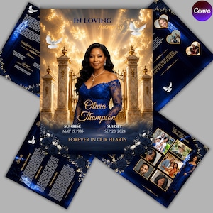 Pode incluir: Um modelo de programa funerário com o retrato de uma mulher em um vestido de renda azul contra um fundo de portão dourado, nuvens e pombas. O texto inclui In Loving Memory, Olivia Thompson, Sunrise May 15 1985, Sunset Sep 20 2024.