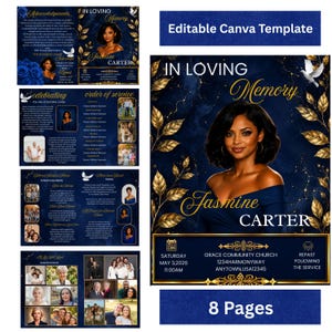 Könnte beinhalten: Eine achtseitige Trauerprogramm-Vorlage mit dunkelblauem Hintergrund, goldenen Blätter-Akzenten und weißen Tauben. Das Deckblatt zeigt den Text In Loving Memory, Jasmine Carter sowie Details zur Trauerfeier. Enthält Platzhalter für Fotos.
