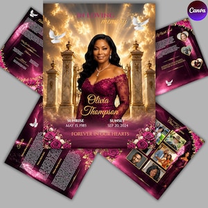 May include: A funeral programme template featuring a portrait of a woman in a dark magenta lace dress, set against a golden sky with marble pillars and white doves. Text includes IN LOVING MEMORY, Olivia Thompson, SUNRISE MAY 15, 1985, and SUNSET SEP 20, 2024.