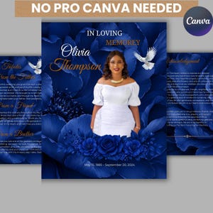 Puede incluir: Una plantilla de programa funerario con un fondo floral azul profundo y una foto central de una persona con un vestido blanco de hombros descubiertos. El texto incluye IN LOVING MEMOREY, Olivia Thompson y las fechas 15 de mayo de 1985 – 20 de septiembre de 2024.