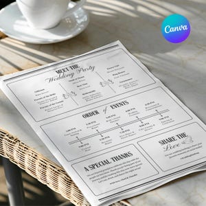 Könnte beinhalten: Ein weißes Hochzeitsprogramm auf Papier gedruckt mit schwarzem Text und Liniengrafiken. Das Layout enthält Abschnitte mit den Titeln Meet the Wedding Party, Order of Events, A Special Thanks und Share the Love sowie eine Zeitachse und Namen.