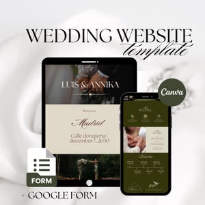 May include: A digital wedding website template displayed on a tablet and smartphone screen. The design features the text LUIS & ANNIKA, Meet us in Madrid, Calle donqueria, December 7, 2030, and a wedding timeline. Includes a Canva logo and a form icon.