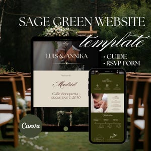 Pode incluir: Um modelo de site em verde sálvia para casamentos exibido em um tablet e um smartphone. O design inclui texto como SAGE GREEN WEBSITE template, LUIS & ANNIKA, Madrid, December 7, 2030, GUIDE, RSVP FORM e uma linha do tempo do evento.