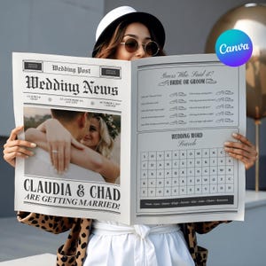 Könnte beinhalten: Ein Hochzeitsheft im Zeitungsstil mit der Schlagzeile Wedding News, einem Foto eines Paares und dem Text Claudia & Chad Are Getting Married. Das Layout enthält ein Guess Who Said It Spiel und ein Wedding Word Search Rätsel in Schwarz-Weiß.