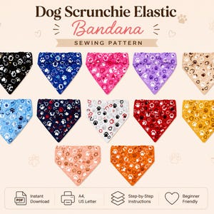 Könnte beinhalten: Ein Schnittmuster für ein Hunde-Bandana mit elastischem Scrunchie, das zwölf dreieckige Stoffmuster in verschiedenen Farben wie Schwarz, Blau, Pink, Lila, Beige, Rot, Gelb und Orange zeigt, alle mit einem wiederkehrenden Pfotenabdruck-Muster.