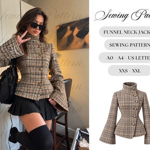 May include: A sewing pattern for a funnel neck jacket with a plaid pattern in brown, tan, and blue. The jacket features a high collar, a side-button closure with metallic buttons, and flared sleeves. The text includes Sewing Pattern, Funnel Neck Jacket, A0 - A4 - US Letter, and XXS - XXL.