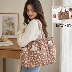 May include: A brown tote bag with a white floral pattern, featuring multiple exterior pockets filled with various items. The bag measures 40.64 cm wide by 27.94 cm high. An inset graphic labelled POCKET DETAILS shows the bag's storage features.