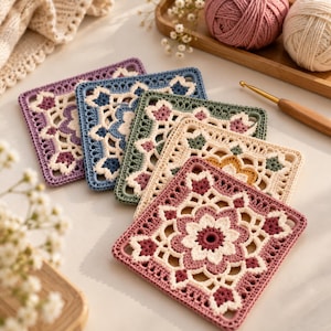 May include: Five square crochet motifs arranged in a cascading stack. Each piece features a central floral pattern in cream combined with various colors including purple, blue, sage green, and dusty rose. A wooden crochet hook lies nearby.