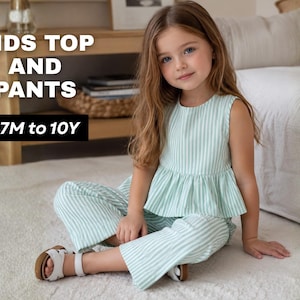 May include: A sleeveless peplum top and matching wide-leg trousers in a light green and white vertical striped pattern. The text KIDS TOP AND PANTS 07M to 10Y is visible in the upper left corner of the image, indicating the available size range.