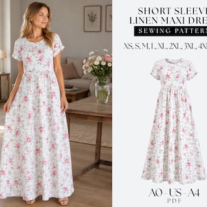 May include: A short sleeve linen maxi dress sewing pattern featuring a white fabric with a pink floral print. The text reads: SHORT SLEEVE LINEN MAXI DRESS SEWING PATTERN, XS, S, M, L, XL, 2XL, 3XL, 4XL/5XL, and AO - US - A4 PDF.