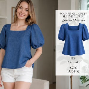 Square Neck Puff Sleeve Blouse Sewing Pattern PDF | Peasant Top Pattern | Women's Digital Sewing Pattern | A4 A0 | EU 34–52