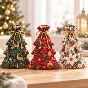 Könnte beinhalten: Drei Stoffgeschenktüten in Form von Weihnachtsbäumen, die jeweils oben mit einer goldenen Kordel zusammengebunden sind. Die linke Tüte ist dunkelgrün mit Hirschen und Tannenzapfen, die mittlere rot mit Weihnachtssternen und Kugeln.