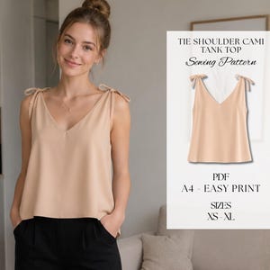 V Neck Tie Shoulder Cami Sewing Pattern | Summer Tank Top PDF Pattern | Easy Beginner Sewing | Adjustable Bow Straps | XS–XL | Digital