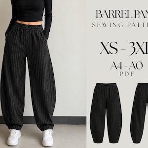 Peut inclure: Un patron de couture pour pantalon tonneau, avec le texte BARREL PANT SEWING PATTERN, XS-3XL et A4-A0 PDF. L'image montre un pantalon gris foncé à fines rayures avec une taille élastique et une silhouette de jambe large et arrondie.