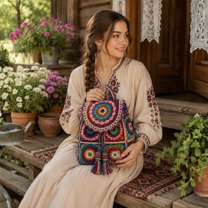 May include: A beige long-sleeved dress with intricate red and brown floral embroidery around the neckline and sleeves, paired with a vibrant, multi-coloured crochet backpack featuring a circular mandala pattern on the flap and two tassels.
