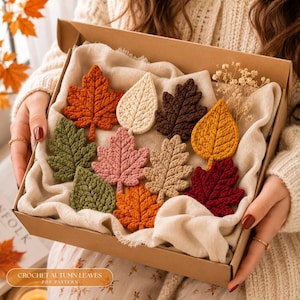 Può includere: Una scatola regalo in cartone contenente una collezione di dieci foglie autunnali all'uncinetto in vari colori, tra cui arancione, crema, marrone scuro, giallo, verde oliva, rosa antico, beige e rosso scuro, su una fodera in tessuto bianco.