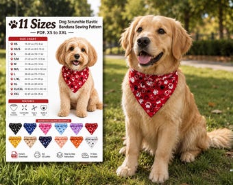11 Sizes Dog Scrunchie Elastic Bandana Sewing Pattern PDF, XS to XXL, Easy Diy Dog Scarf Tutorial, A4, Us Letter