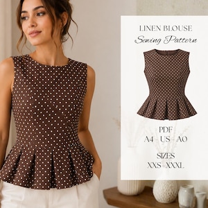 Könnte beinhalten: Eine ärmellose Leinenbluse in Braun mit weißem Punktemuster, rundem Ausschnitt und einer plissierten Schößchen-Taille. Das Bild enthält den Text: LINEN BLOUSE Sewing Pattern, PDF, A4 - US - A0, SIZES XXS - XXXL, der das Design des Kleidungsstücks zeigt.