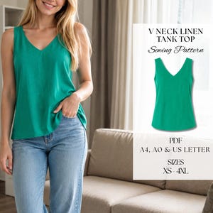 Peut inclure: Un débardeur en lin vert à col en V avec un motif de patron de couture. Le texte indique : V NECK LINEN TANK TOP Sewing Pattern, PDF, A4, A0 & US LETTER, SIZES XS - 4XL. Le débardeur présente une coupe sans manches, un col en V et un ourlet droit.